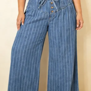 Sky Blue Stripe Denim Pants - Plus Size Wide-Leg, Buttoned