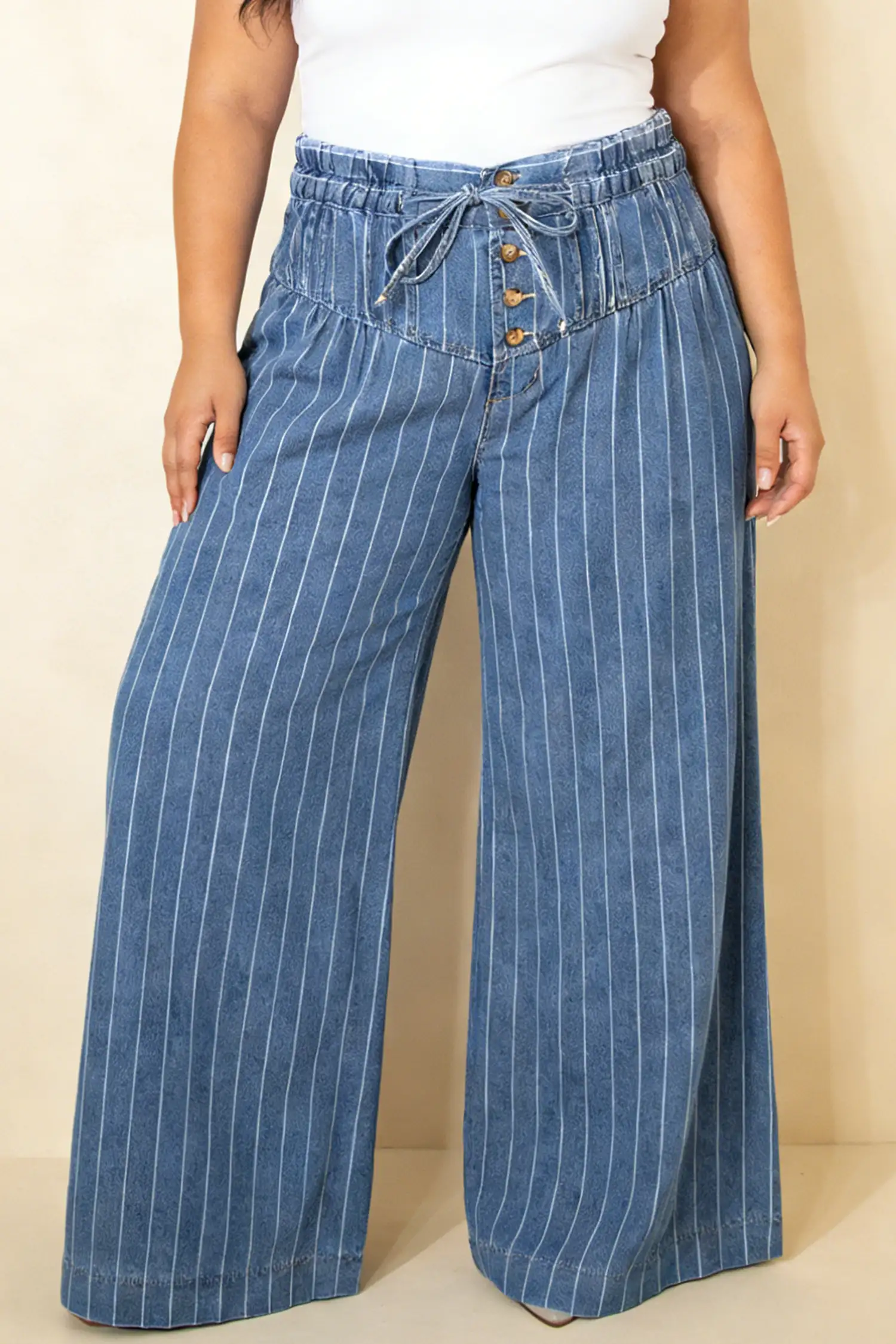 Sky Blue Stripe Denim Pants - Plus Size Wide-Leg, Buttoned