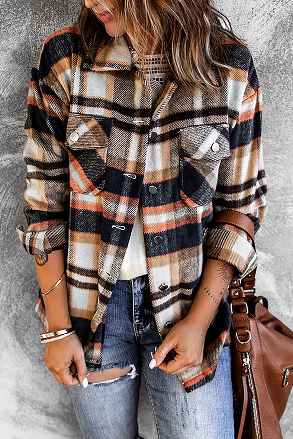 Chic Plaid Pocket Shacket in Dark Blue