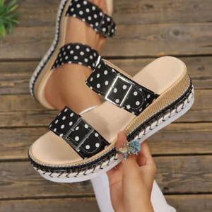 Black Polka Dot Platform Slippers with Double Buckle Straps