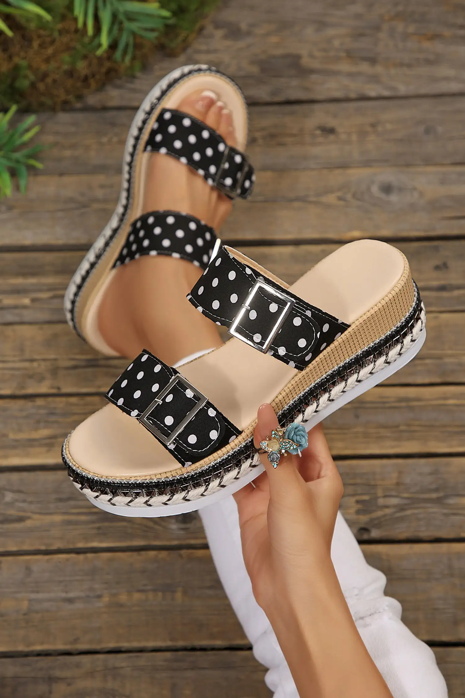 Black Polka Dot Platform Slippers with Double Buckle Straps