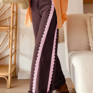 Coffee Lace Trim Jeans — Casual Full-Length Shift Fit