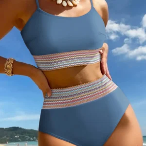 Dusk Blue Solid 2pc High-Waist Bikini with Colorful Stitch Border