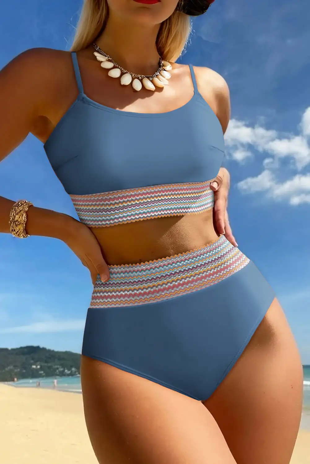 Dusk Blue Solid 2pc High-Waist Bikini with Colorful Stitch Border