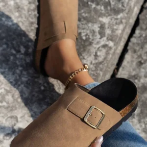 Chic French Beige Suede Buckle Slippers for Year-Round Comfort in Casual Indoor and Outdoor Styles