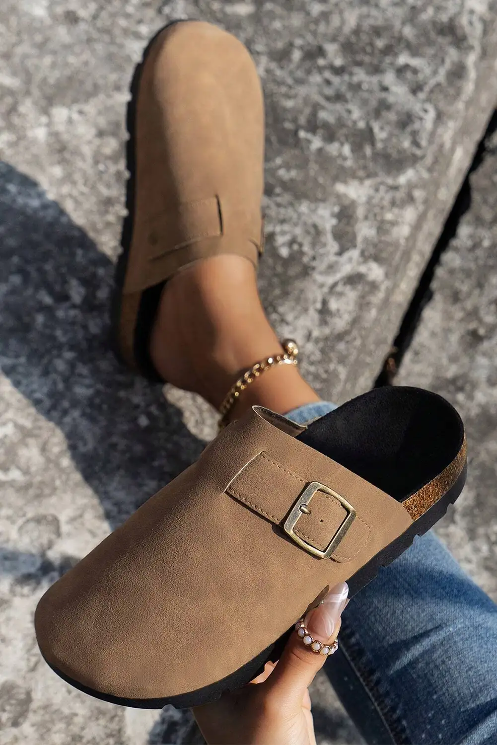French Beige Suede Buckle Slippers