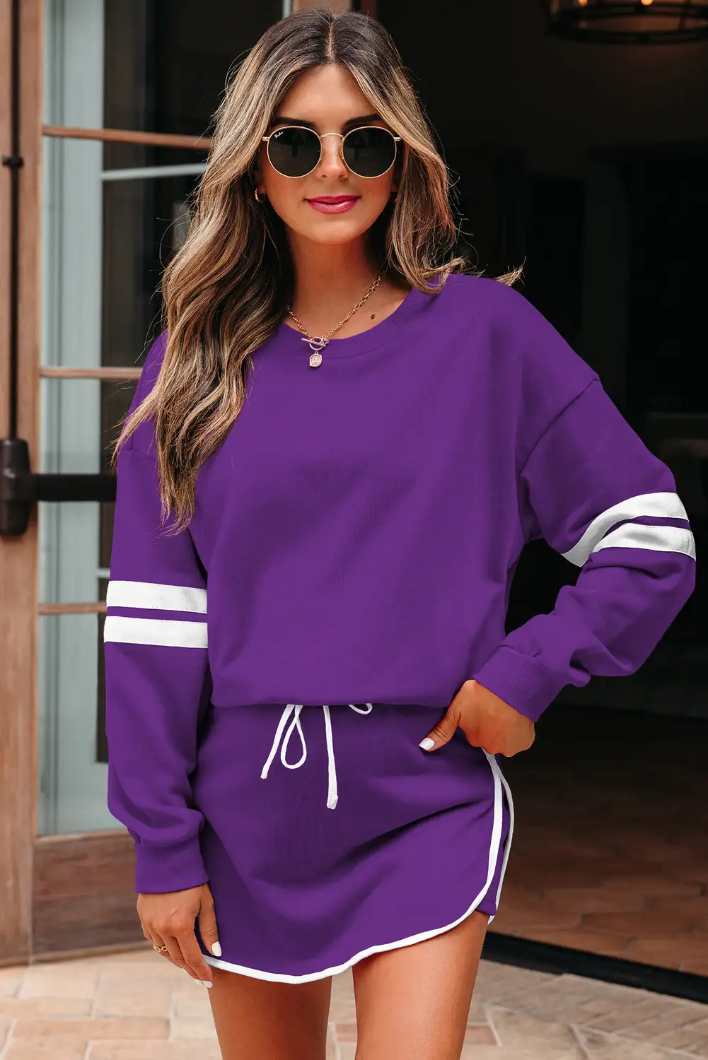 Tillandsia Purple Varsity Stripe Drop-Shoulder Two-Piece Skort Set