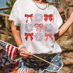 Summer Casual White Firework Graphic Tee for Patriotic Bow Lovers