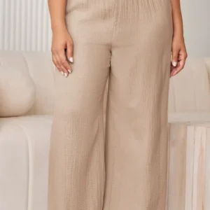 Khaki Textured High Waist Wide Leg Linen Pants