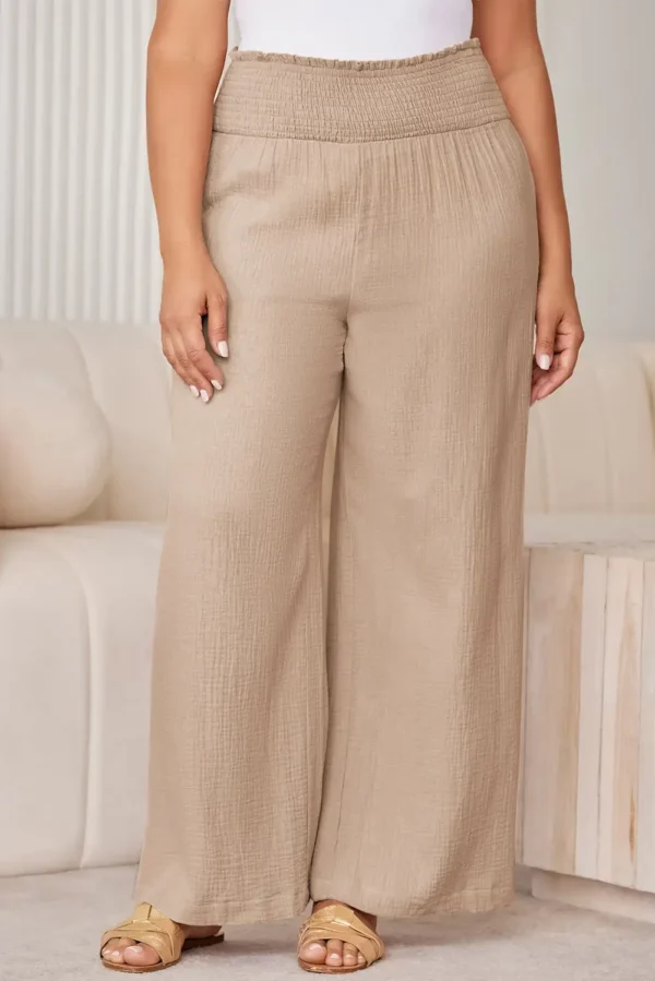 Khaki Textured High Waist Wide Leg Linen Pants