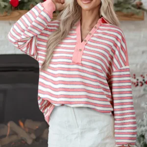 Pink Stripe Buttoned V-Neck Collared Drop-Shoulder Top