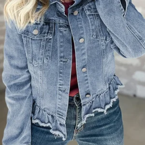 Chic Beau Blue Ruffle Denim Jacket for Stylish Casual Fall Outfits