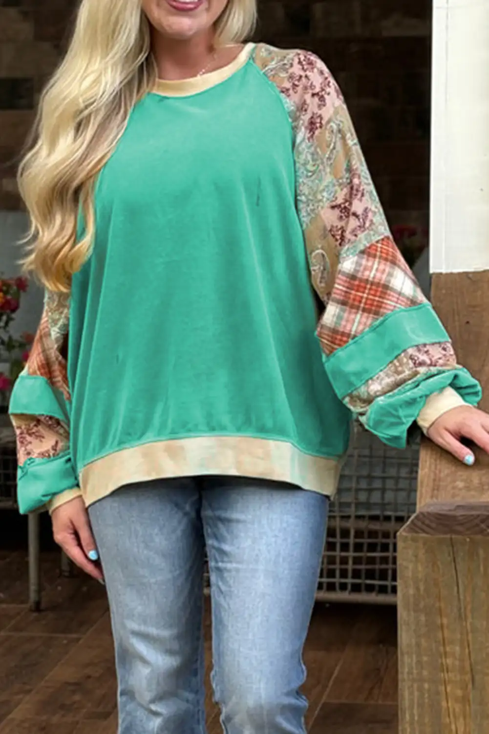 Sky Blue Plaid Floral Raglan Sweatshirt
