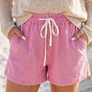 Pink Stripe Denim Shorts with Drawstring Elastic Waist – Casual Summer Fit