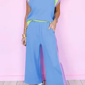 Sky Blue Colorblock Casual Summer Two-Piece Set with Wide Leg Pants for Effortless Style