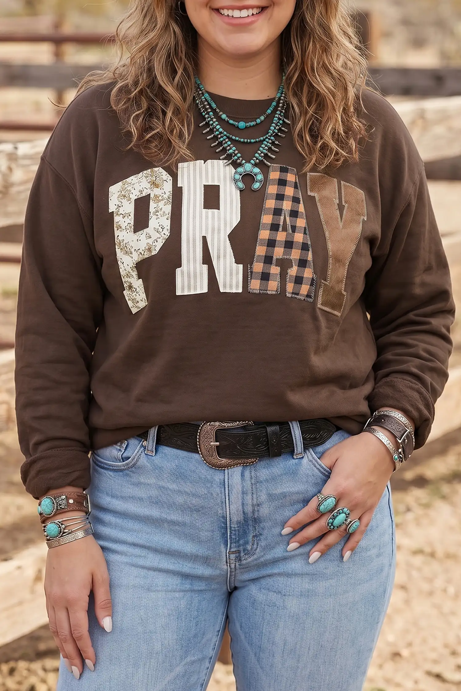 Coffee PRAY Patchwork Round-Neck Sweatshirt – Plus Size (Long Sleeve)