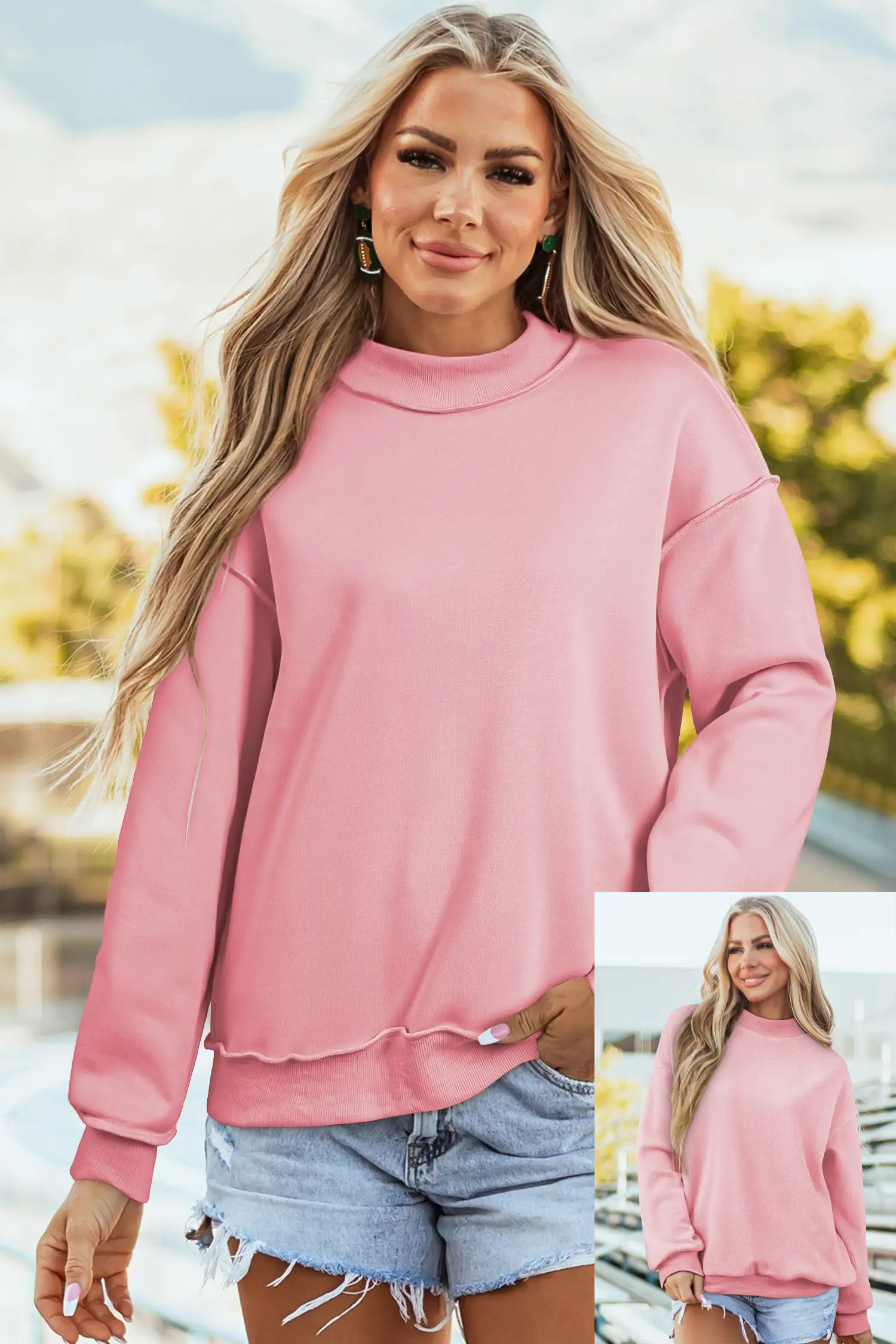 Light Pink Oversize Reversible Mock-Neck Sweatshirt with Drop Shoulders