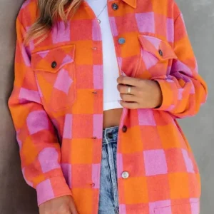 Trendy Orange Plaid Button-up Jacket for Daily Casual Fall Fashion
