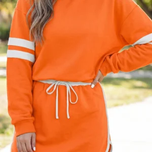 Orange Varsity Stripe Drop-Shoulder Pullover & Mini Skort Two-Piece Set