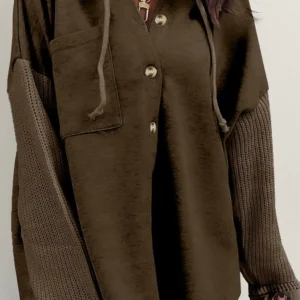 Cozy Brown Knitted Sleeves Hooded Jacket for Casual Fall and Autumn Outings