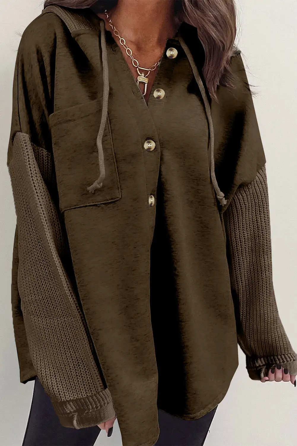 Cozy Brown Knitted Sleeves Hooded Jacket