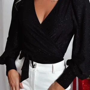 Elegant Black Glitter V-neck Blouse