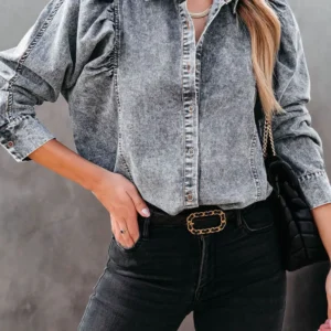 Chic Gray Puff Sleeve Button-Up Denim Jacket