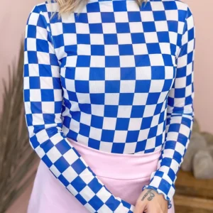 Dark Blue Plaid Mesh Sheer Top - High-Neck Long Sleeve