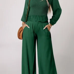 Green Smocked Peplum Top and Pants Set
