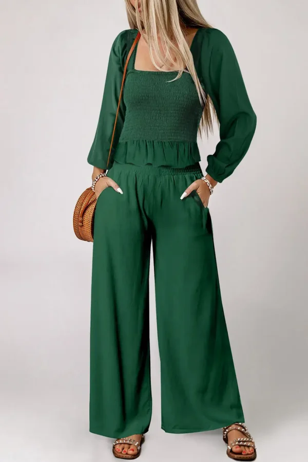 Green Smocked Peplum Top and Pants Set