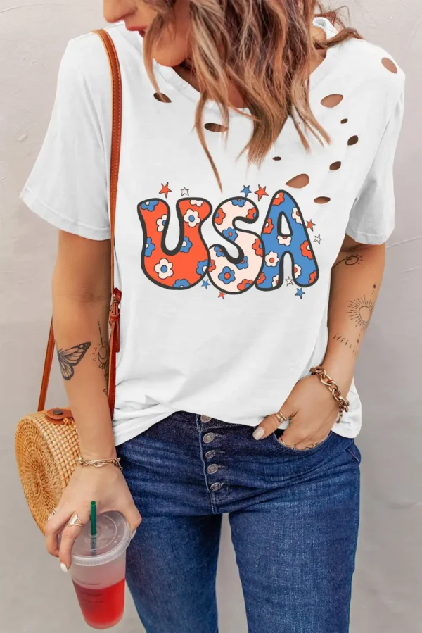 USA Floral Distressed Tee