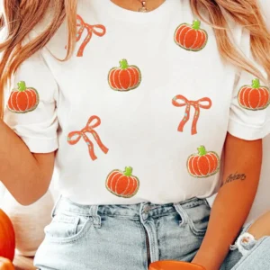 White Sequin Pumpkin Bow Pattern Chenille Tee