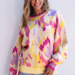 Cozy Abstract Print Colorblock Balloon Sleeve Sweater for Daily Pink Fall Fashion