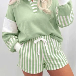 Smoke Green Striped Color-Block Pullover Top + Shorts Set