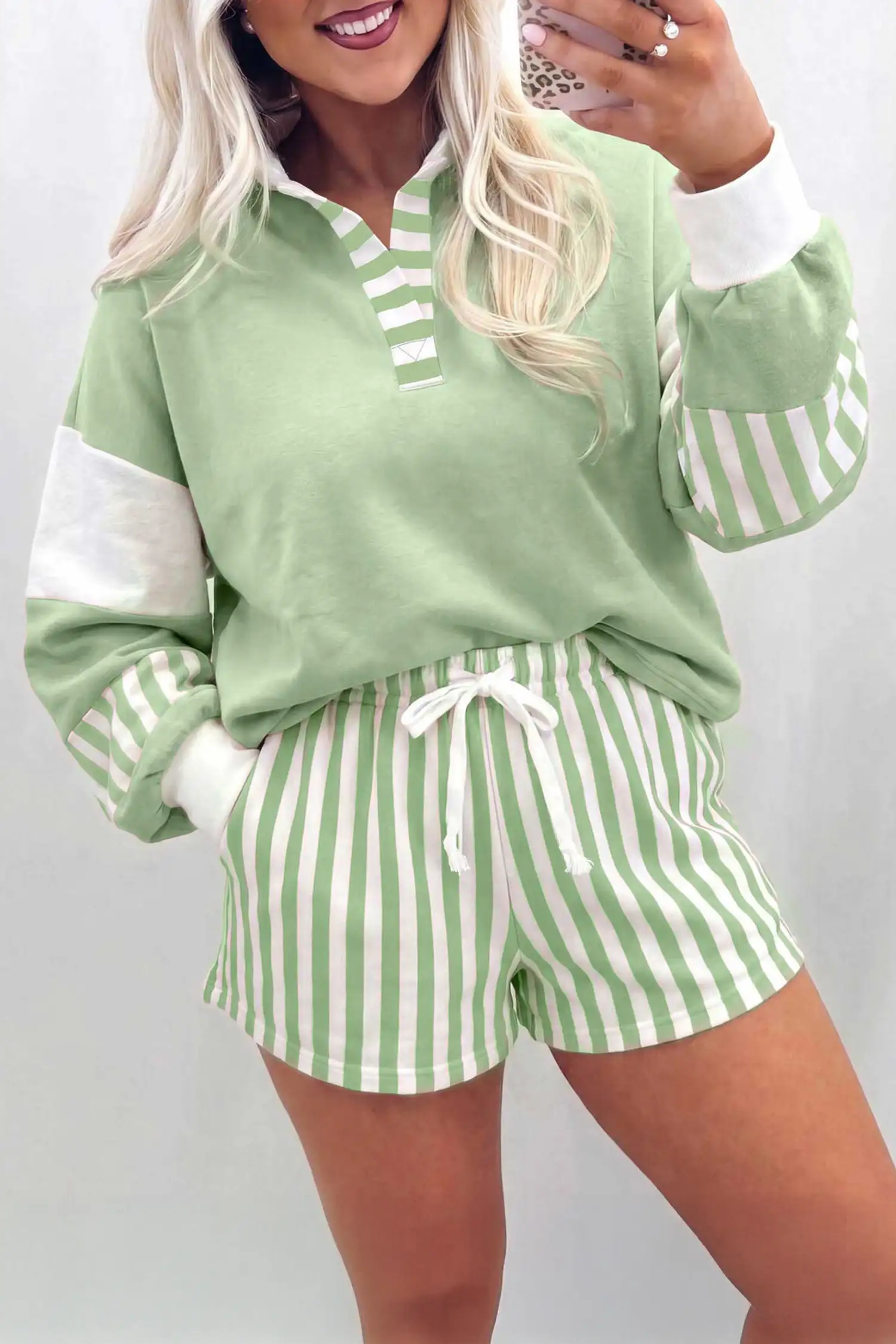Smoke Green Striped Color-Block Pullover Top + Shorts Set