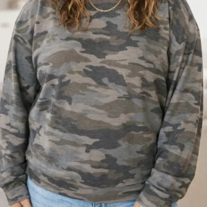 Green Camo Print Plus-Size Long Sleeve Blouse
