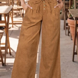 Thai Curry Corduroy Wide-Leg Ankle Pants with Elastic Waist & Wooden Button Placket