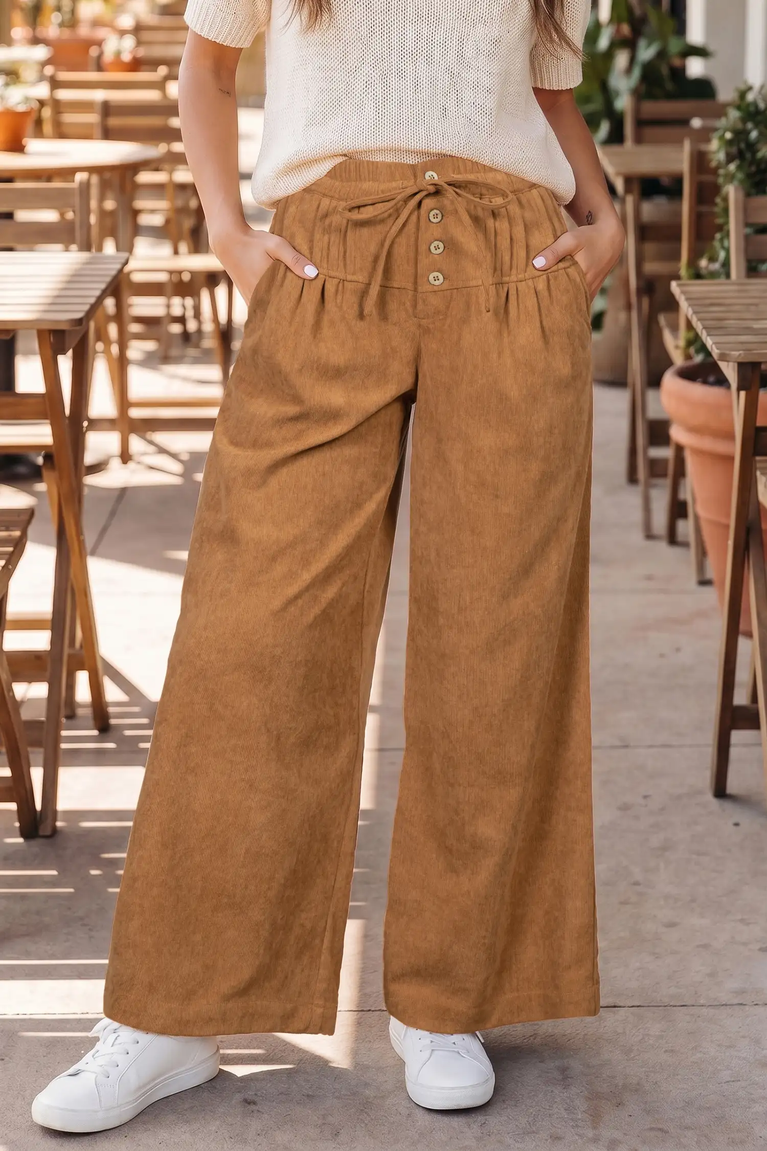 Thai Curry Corduroy Wide-Leg Ankle Pants with Elastic Waist & Wooden Button Placket