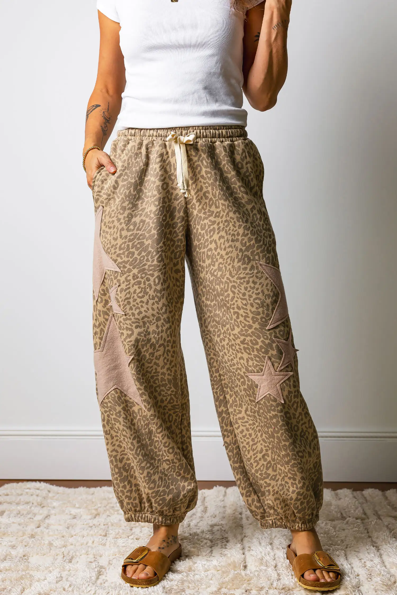 Khaki Leopard Star Patch Jogger Pants