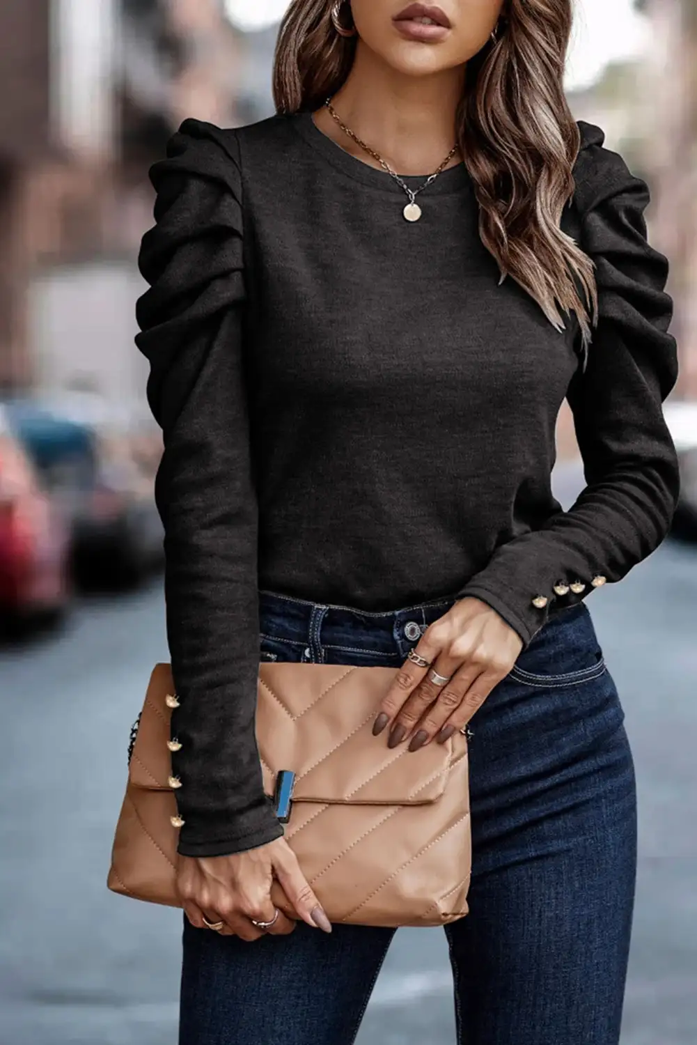Chic Black Puff Long Sleeve Sheath Top