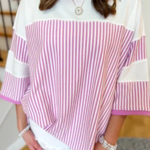 Casual Plus Size Pink Stripe Patchwork T Shirt for Trendy Summer Outfits