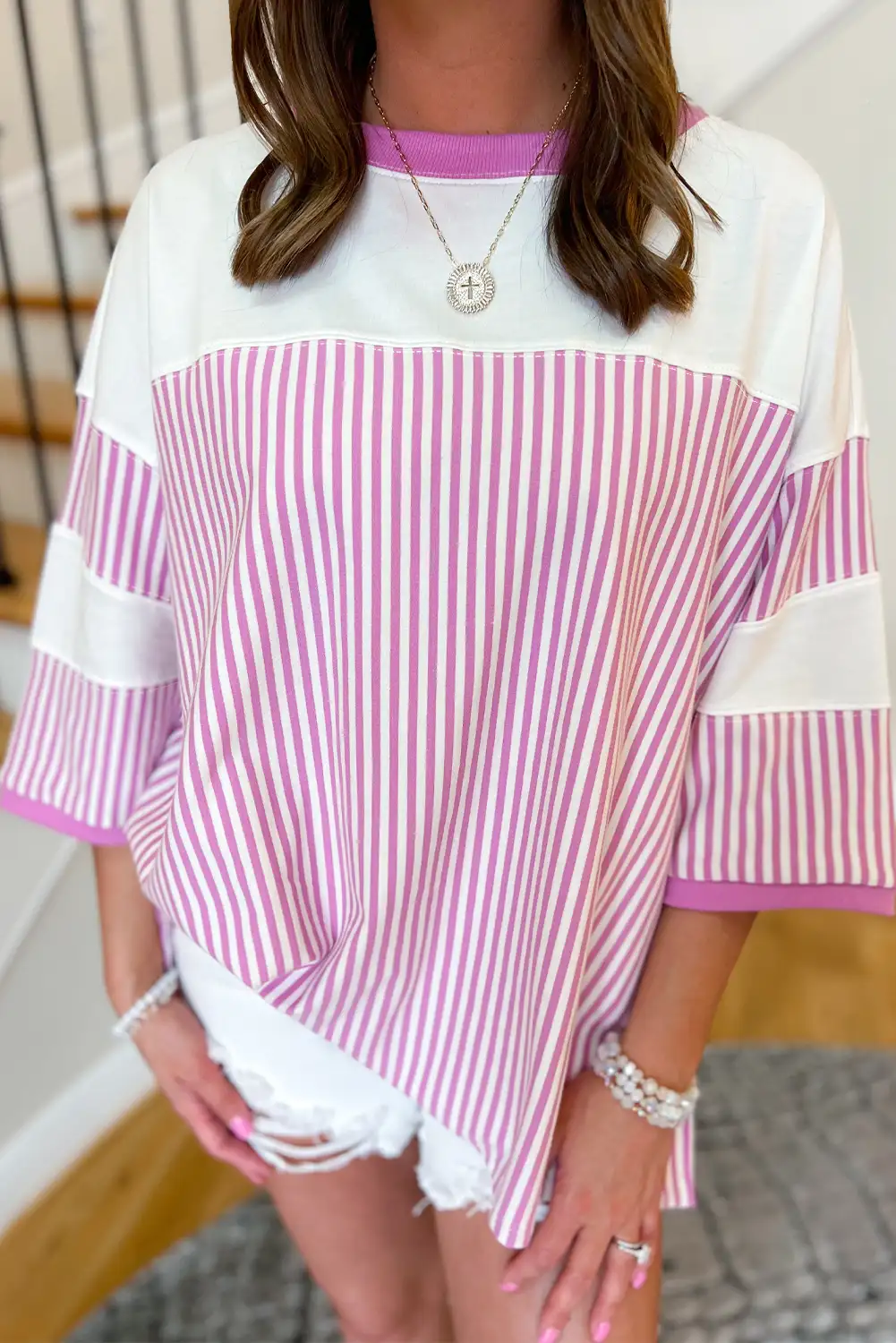 Pink Stripe Patchwork Plus Size T Shirt