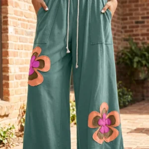 Sea Green Floral Patchwork Drawstring Wide-Leg Pants
