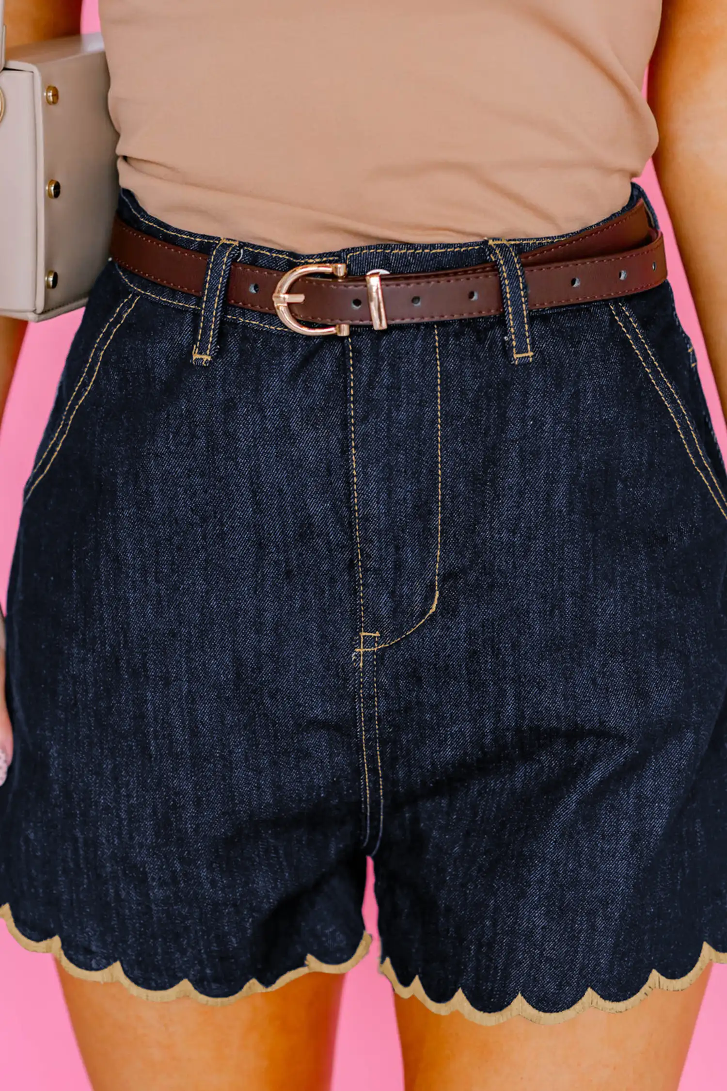 Navy Blue Embroidered Scalloped-Trim Denim Shorts