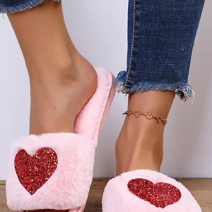 Pink Sequin Plush Heart Slippers