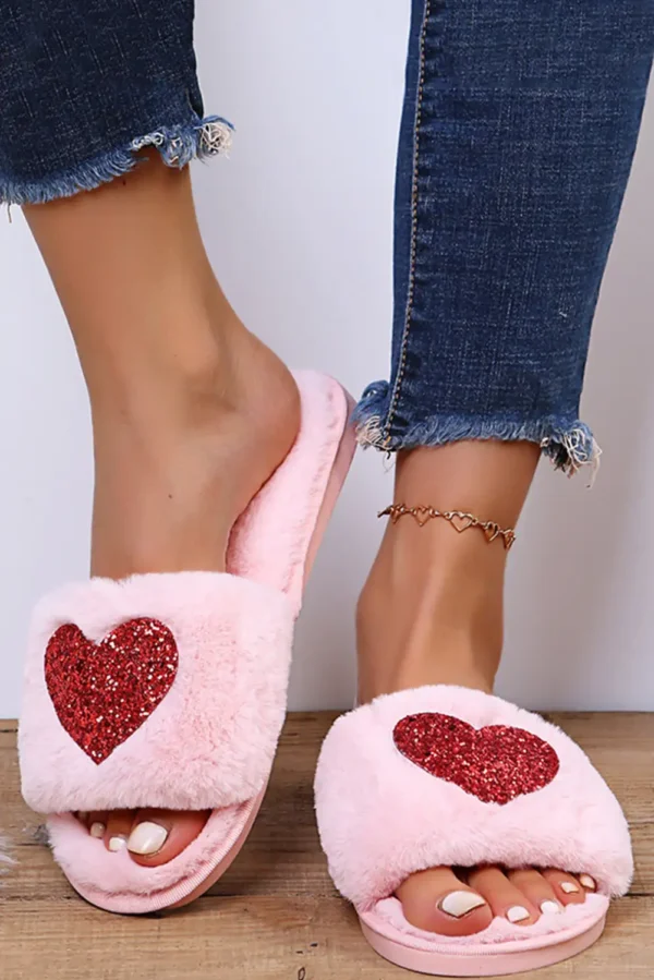 Pink Sequin Plush Heart Slippers