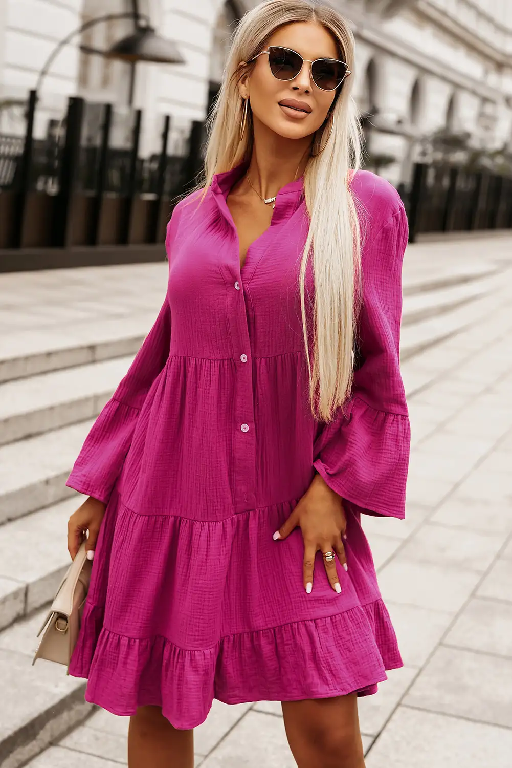 Rosy Crinkled Tiered Shirt Dress