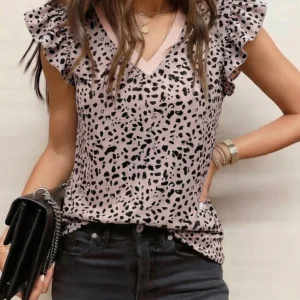 Black Leopard Print V-Neck Ruffle Tank Top