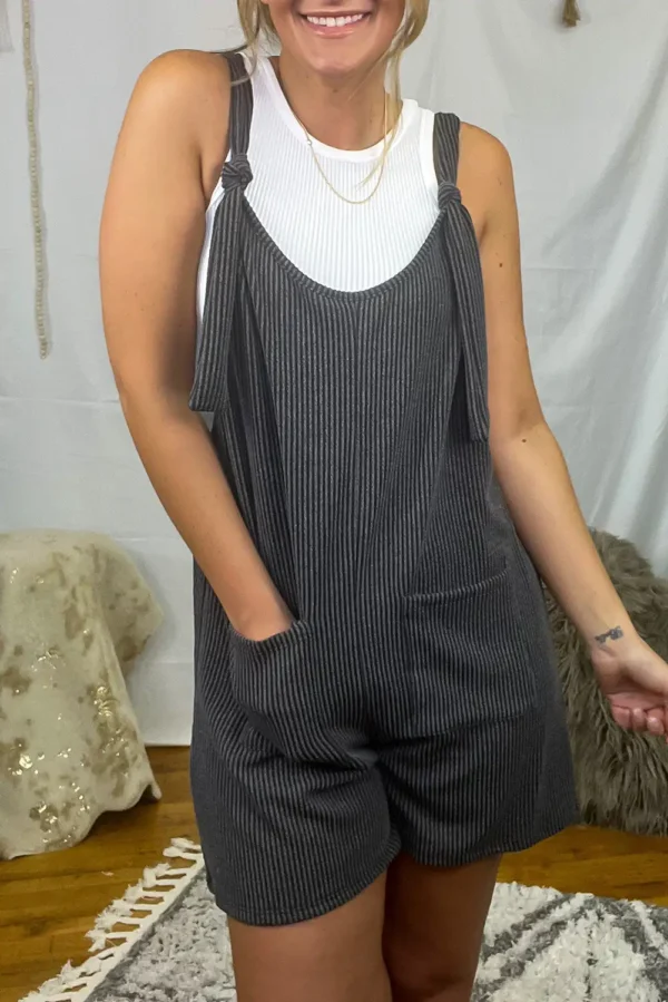 Dark Grey Striped Knotted Romper