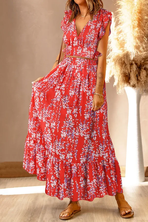 Fiery Red Floral Ruffled Maxi Set